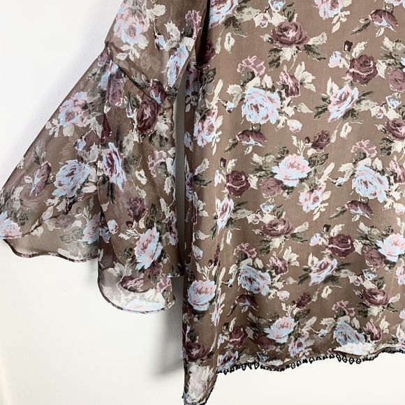 Dee Elle Shift Dress Medium Brown Floral Print Flared Bell Sleeve Crochet Boho M - Picture 3 of 8